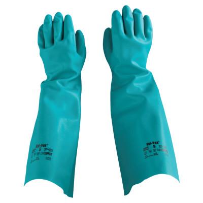 Solvex Nitrile Gloves, Gauntlet Cuff, Unlined, 22 mil, 18 in, Size 9, Green