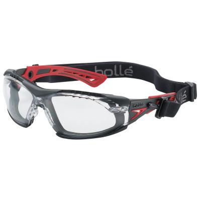 Rush+ Series Safety Glasses, Clear Lens, Anti-Fog/Anti-Scratch, Black/Red Temple