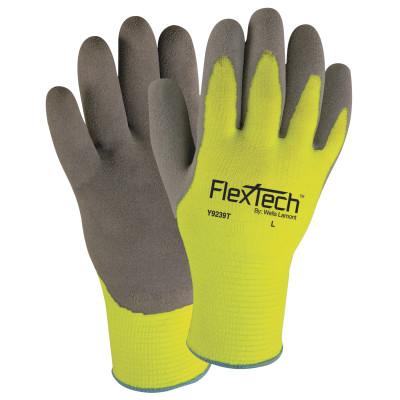 FlexTech Hi-Visibility Knit Thermal Gloves w/Latex Palm, Large, Gray/Green